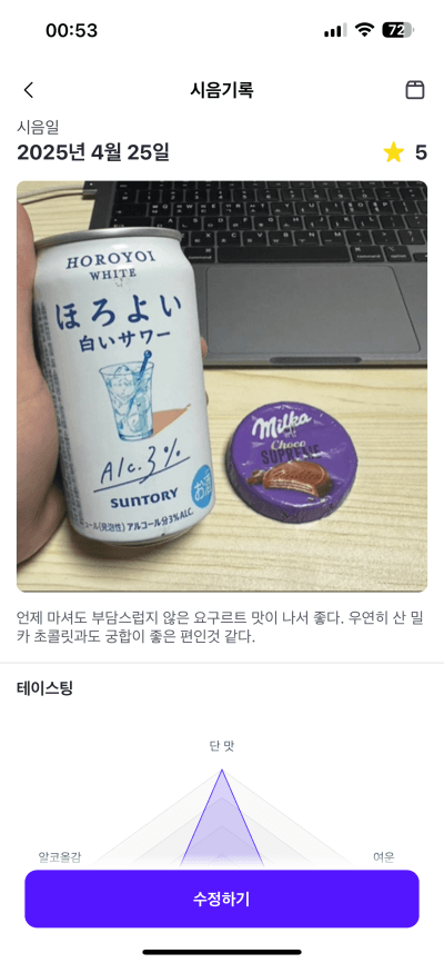 한모금 시음기록 상세 화면